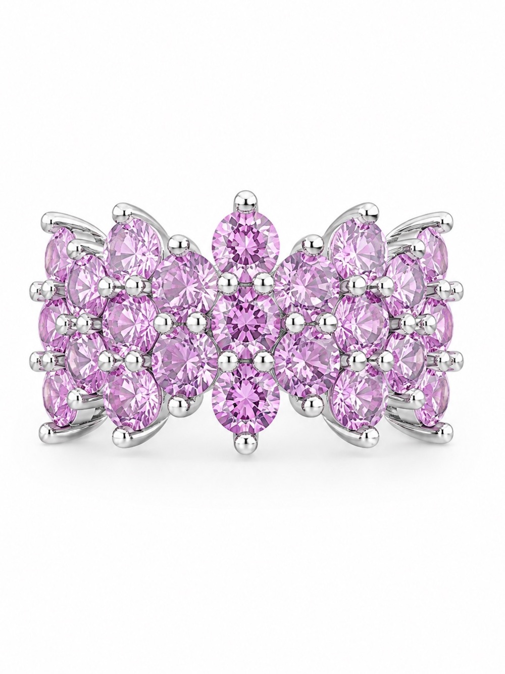 Bomb Party Silver lab created pink sapphires Statement Ring 10 Cluster Crystal